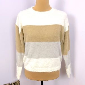 Color Block Stripe Soft Fuzzy Sweater Cream Tan Gray Size S